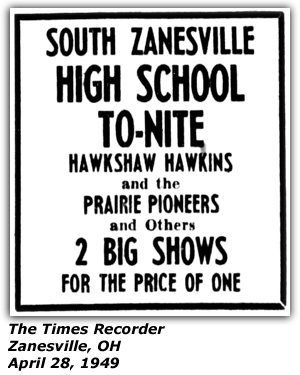 Promo Ad - South Zanesville High School - Hawkshaw Hawkins - Prairie Pioneers - April 1949