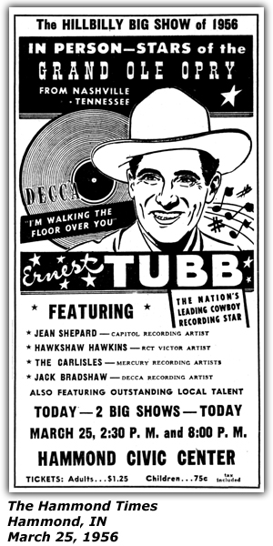 Promo Ad - Hammond Civic Center - Hammond, IN - March 1956 - Ernest Tubb - Jean Shepard - Hawkshaw Hawkins - The Carlisles - Jack Bradshaw - Uncle Len Ellis