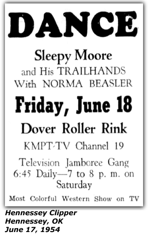 Promo Ad - Dover Roller Rink - Hennessey, OK - Sleepy Moore and His Trailhands - Norma Beasler - June 1954