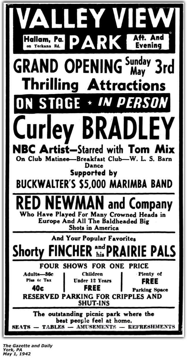 Promo Ad - Valley View Park Season Opening May 3 1942 - Shorty Fincher and his Prairie Pals