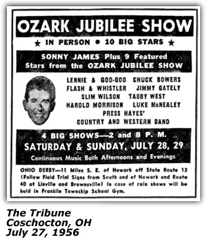 Promo Ad - OOhio Derby - Ozark Jubilee Show - Sonny James - Lennie and Goo-Goo - Chuck Bowers - Flash and Whistler - Jimmy Gately - Coshocton, OH - July 1956