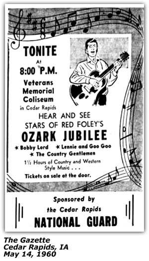 Promo Ad - Veterans Memorial Coliseum - Ozark Jubilee - Bobby Lord - Lennie and Goo-Goo - Cedar Rapids, IA - May 1960