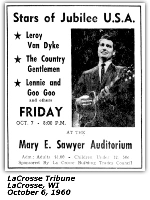 Promo Ad - Mary E. Sawyer Auditorium - Leroy Van Dyke - Lennie and Goo-Goo - The Country Gentlemen - La Crosse, WI - October 1960