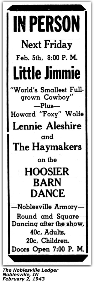 Promo Ad - Noblesville Armory - Lennie Aleshire and The Haymakers - Hoosier Barn Dance - Noblesville, IN - February 1943