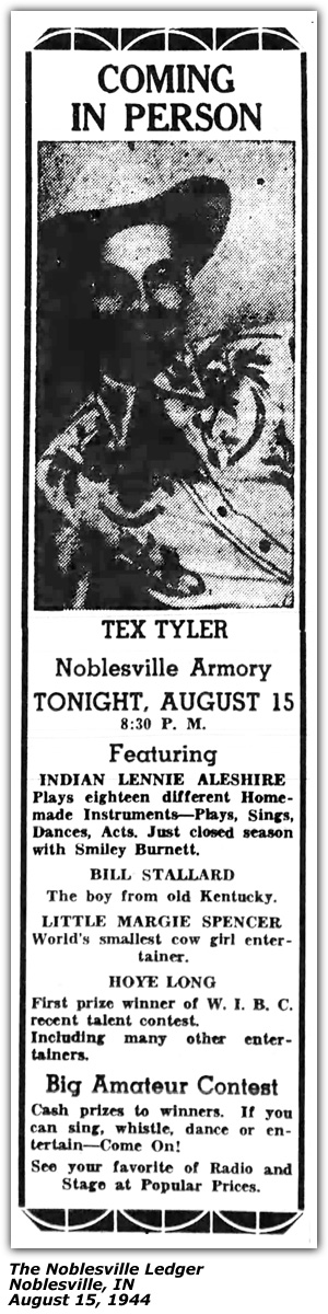 Promo Ad - Noblesville Armory - Indian Lennie Aleshire - T. Texas Tyler - Bill Stallard - Little Margie Spencer - Hoye Long - Noblesville, IN - August 1944