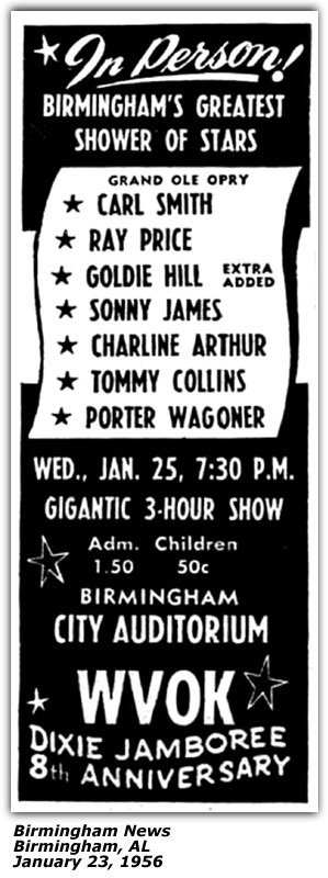 Promo Ad - WVOK Dixie Jamboree - Carl Smith - Goldie Hill - Ray Price - Sonny James - Charline Arthur - Tommy Collins - Porter Wagoner - Birmingham, AL - January 1956