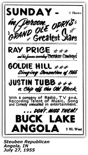 Promo Ad - Buck Lake - Angola, IN - Ray Price - Goldie Hill - Justin Tubb - July 1955