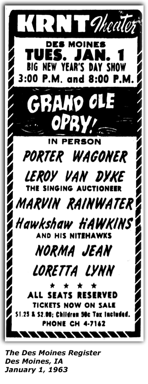 Promo Ad - KRNT Theater - Des Moines, IA - Porter Wagoner - Leroy Van Dyke - Marvin Rainwater - Hawkshaw Hawkins and his Nitehawks - Norma Jean - Loretta Lynn - January 1963