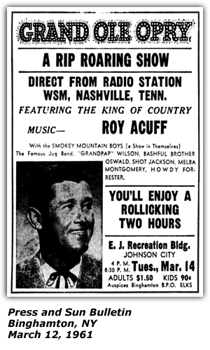 Promo Ad - E. J. Recreation Building - Johnson City, NY - Roy Acuff - Melba Montgomery - Shot Jackson - Brother Oswald - Grandpap Wilson - Howdy Forrester March 1961