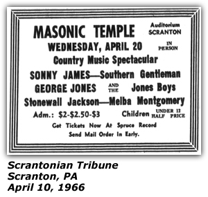 Promo Ad - Masonic Temple - Scranton, PA - Sonny James - George Jones and the Jones Boys - Stonewall Jackson - Melba Montgomery - April 1966