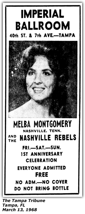 Promo Ad - Imperial Ballroom - Tampa, FL - Melba Montgomery - March 1968