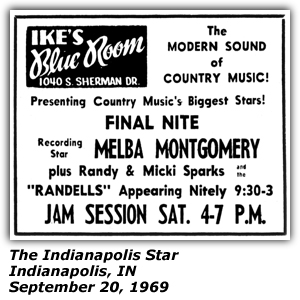 Promo Ad - Ike's Blue Room - Indianapolis, IN - Melba Montgomery - September 1969
