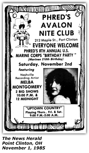 Promo Ad - Phred's Avalon Nite Club - Port Clinton, OH - Melba Montgomery - November 1985