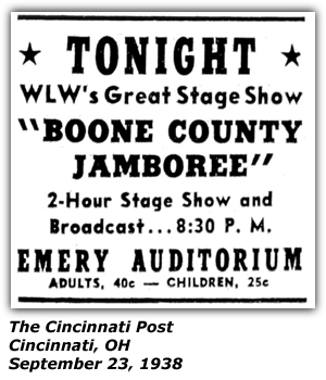 Promo Ad - WLW Boone County Jamboree - Emery Auditorium - Sep 23, 1938