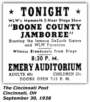 Promo Ad - WLW Boone County Jamboree - Emery Auditorium - DeZurik Sisters - Sep 1938