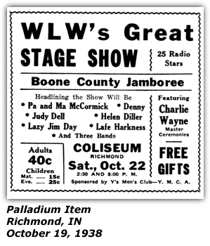 Promo Ad - WLW Boone County Jamboree - Pa and Ma McCormick - Denny Slofoot - Judy Dell - Helen Diller - Lazy Jim Day - Lafe Hrkness - Charlie Wayne - Oct 1938