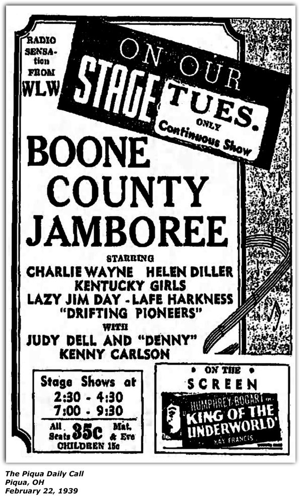 Promo Ad - Boone County Jamboree - Charlie Wayne - Helen Diller - Kentucky Girls - Lazy Jim Day - Lafe Harkness - Drifting Pioneers - Judy Dell - Kenny Carlson - Piqua, OH - Feb 1939