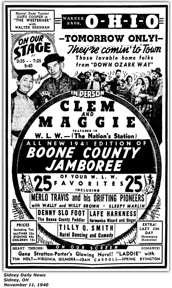 Promo Ad - Clem and Maggie - 1941 Edition Boone County Jamboree - Merle Travis - Drifting Pioneers - Sleepy Marlin - Denny Slofoot - Lafe Harkness - Tilly Q. Smith - Lazy Jim Day - Nov 1940