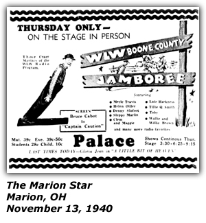 Promo Ad - WLW Boone County Jamboree - Palace Theatre - Marion, OH - Denny Slofoot - Merle Travis - Helen Diller - Speepy Marlin Clem and Maggie - Lafe Harkness - Tillie Q. Smith - Nov 1940