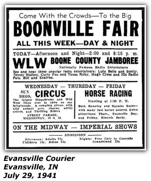 Promo Ad - Boonville Fair - WLW Boone County Jamboree - Curly Fox and Texas Ruby - Denny Slofoot - Hugh Cross - Bill and Evalena - Lulu Belle and Scotty - July 1941