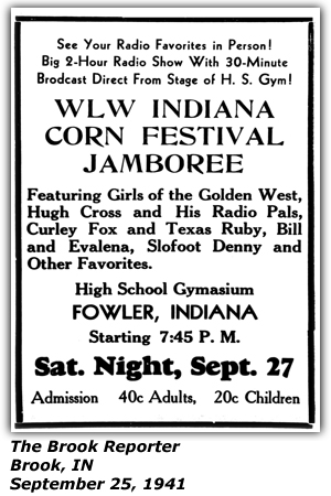 Promo Ad - WLW Indiana Corn Festival Jamboree - Girls of the Golden West - Hugh Cross - Curly Fox and Texas Ruby - Bill and Evalena - Slofoot Denny - Fowler, IN - Sep 1941