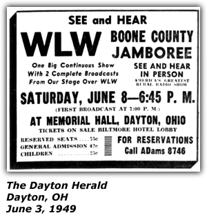 Promo Ad - WLW Boone County Jamboree - Memorial Hall - Dayton, OH - June 1949
