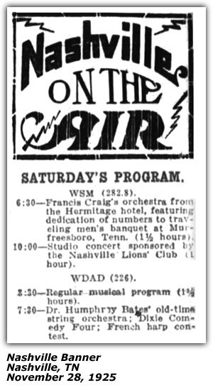 Radio Logs - WSM and WDAD - November 28 1925 - Nashville Banner