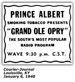 Promo Ad - Prince Albert Ad for Grand Ole Opry - Louisville, KY - January 1940