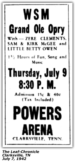 Promo Ad - Powers Arena - Clarksville, TN - Zeke Clements - Sam and Kirk McGee - Little Betty Owen - July 1942