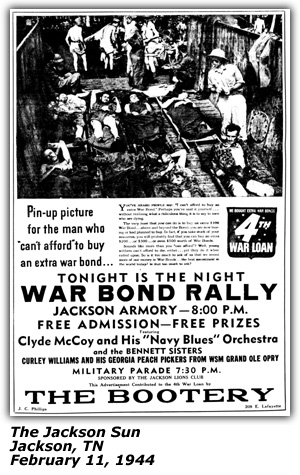 Promo Ad - War Bond Rally - Jackson Armory - Jackson, TN - Curly Williams and his Georgia Peach Pickers - February 1944