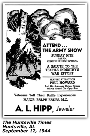 Promo Ad - A Salute To Textile Industry's War Effort - Huntsville High School - Paul Howard and his Arkansas Cotton Pickers - Huntsville, AL - September 1944