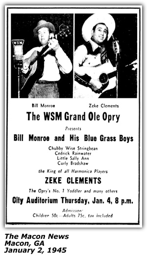 Promo Ad - City Auditorium - Macon, GA - Bill Monroe - Zeke Clements - Grand Ole Opry - January 1945