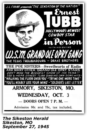 Promo Ad - Armory - Sikeston, MO - Ernest Tubb - Grand Ole Opry - Poe Sisters - Drake Brothers - September 1945