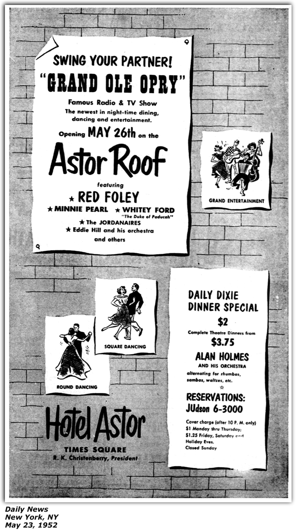 Promo Ad - Astor Roof - Grand Ole Opry - New York, NY - Red Foley - Minnie Pearl - White Ford - The Jordanaires - Eddie Hill