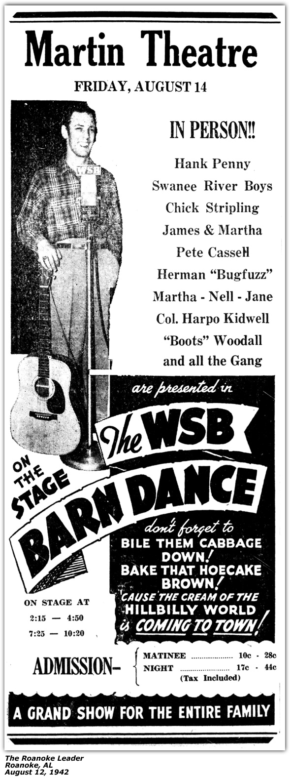 Promo Ad - WSB Barn Dance - Martin Theatre - August 1942