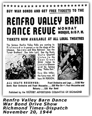 Renfro Valley Barn Dance Bond Show Ad Nov 1944