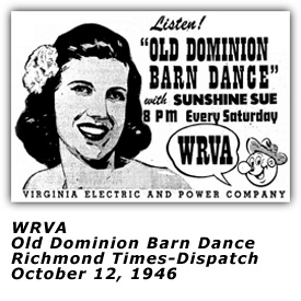 WRVA Old Dominion Barn Dance Ad - Sunshine Sue - Oct 12 1946