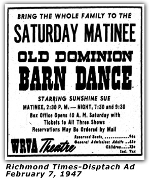 WRVA Old Dominion Barn Dance Ad 1947