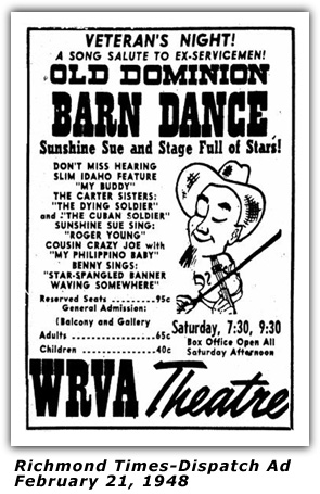 WRVA Old Dominion Barn Dance Ad 1948