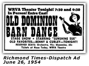WRVA Old Dominion Barn Dance Ad 1954