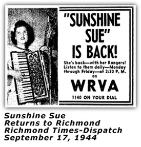 Sunshine Sue Returns to WRVA - Sep 1944 Ad