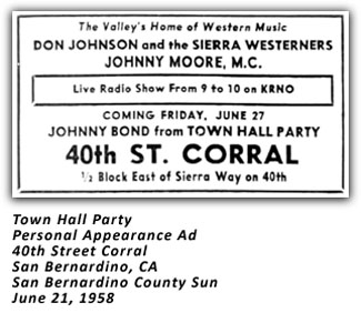 Town Hall Party - Johnny Bond - 40th Street Corral Ad - 1958