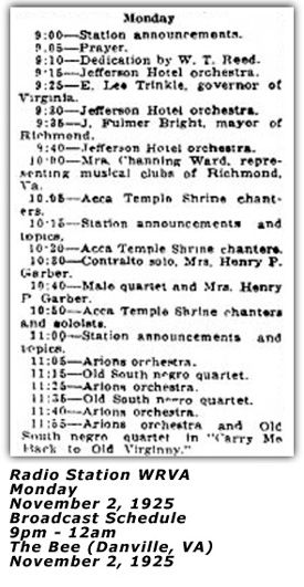 WRVA Broadcast Schedule Nov 2 1925