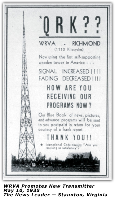 May 1935 - New WRVA Transmitter Ad
