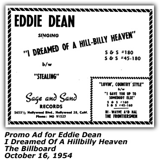 Eddie Dean - I Dreamed of a Hillbilly Heaven - Ad - 1954