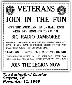 Promo Ad - Big Radio Jamboree - American Legion Hall - Smyrna, TN - Carl Tipton and his Mixed-State Playboys