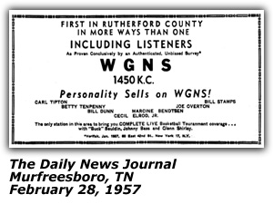 Promo Ad - WGNS - Murfreesboro, TN - Carl Tipton - February 1957