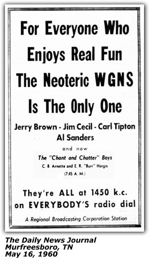 Promo Ad - WGNS - Jerry Brown - Jim Cecil - Carl Tipton - Al Sanders - Murfreesboro, TN - May 1960