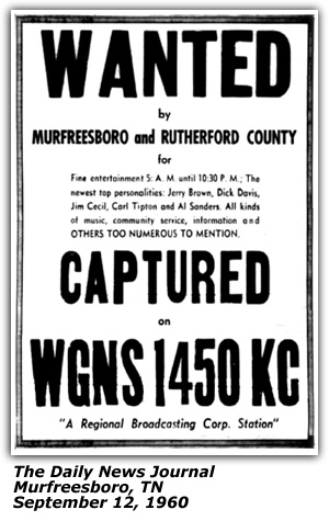 Promo Ad - WGNS - Murfreesboro, TN - Carl Tipton - Jerry Brown - Dick Davis - Joe Cecil - Al Sanders - September 1960