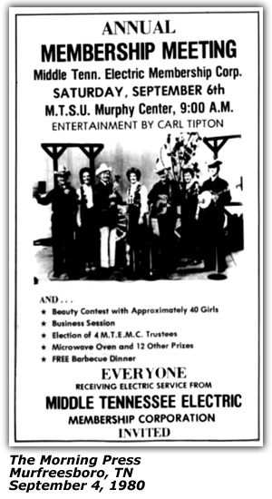 Promo Ad - Membership Meeting - Middle Tennessee Electric - Murfreesboro, TN - Carl Tipton - September 1980
